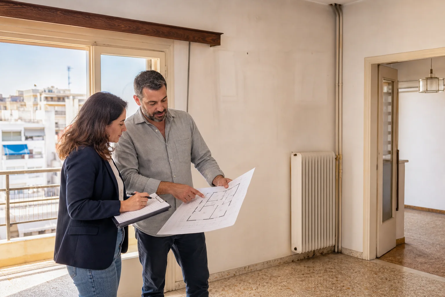 Ιδιοκτήτης και μηχανικός εξετάζουν κάτοψη παλαιάς κατοικίας πριν από την ανακαίνιση