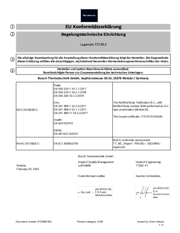 Δήλωση Συμμόρφωσης Logamatic TC100.2