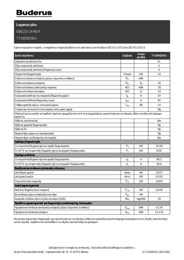 Δελτίο Ενεργειακών Δεδομένων Logamax plus Logamax plus GB122i-24 KD H 7736902963